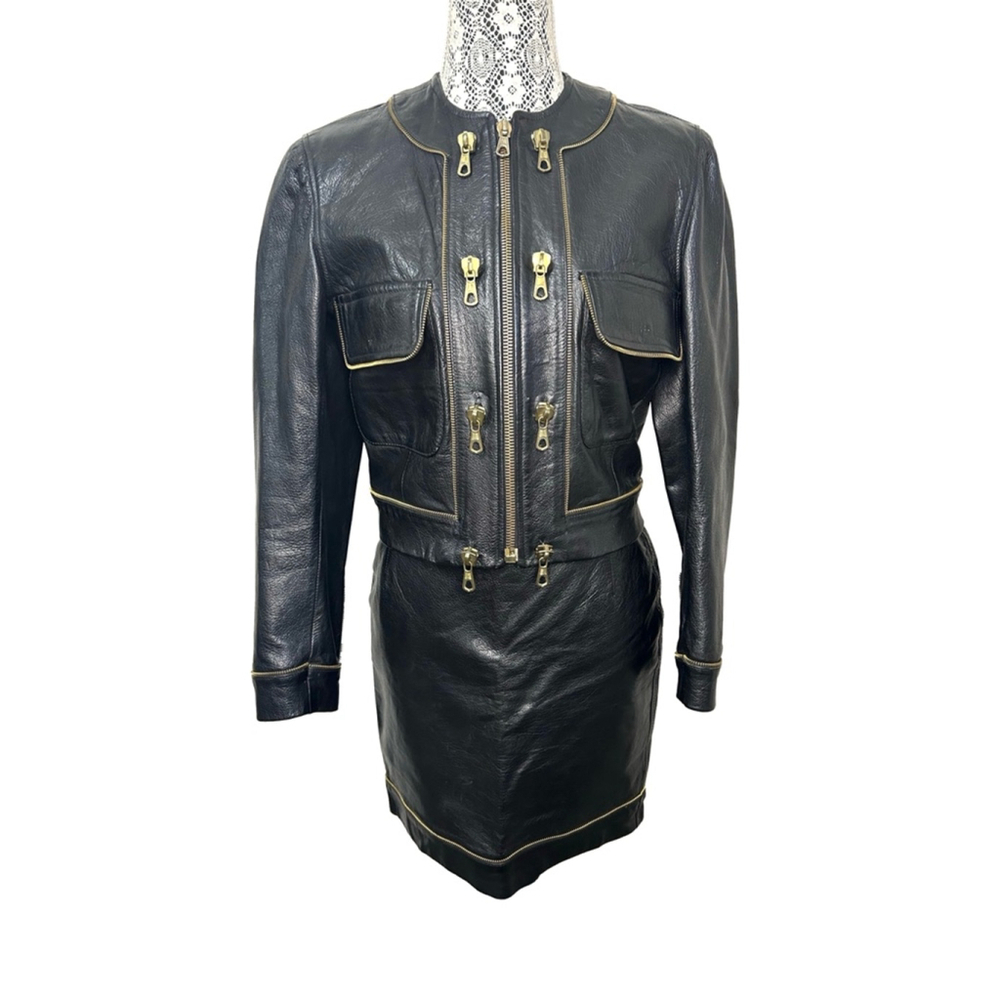 Vintage 80’s MOSCHINO Cheap & Chic black leather jacket (m) & skirt(s) gold zip
